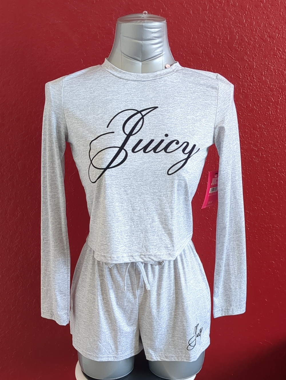 Juicy Couture NEW Women Gray Crewneck Long-Sleeve Top & Shorts 2Pc Sleepwear
